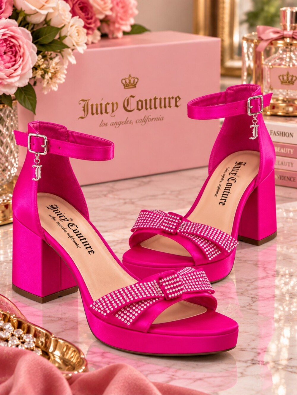 Juicy Couture Nelly 2 Open Toe Dress Sandals Bright Pink Satin Bow Heel Size 9 M
